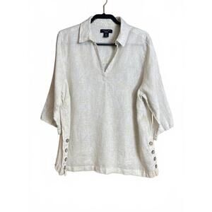 Tahari linen button down V-neck with side buttons 1X